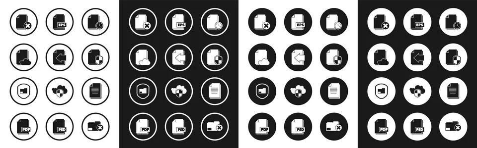 Set Document with clock, Next page arrow, Cloud storage text document, Delete Stock Illustration