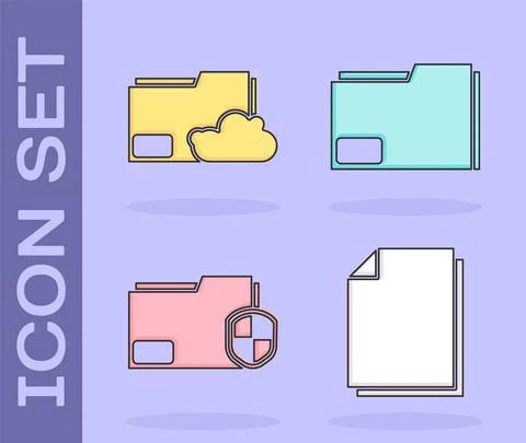 Set Document, Cloud storage text document folder, Document folder protection and Stock Illustration