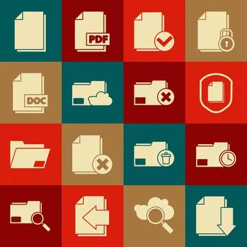 Set Document with download, folder clock, protection concept, and check mark 스톡 일러스트