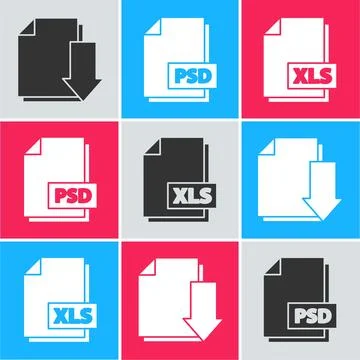 Set Document with download, PSD file document and XLS file document icon. V.. Stock Illustration