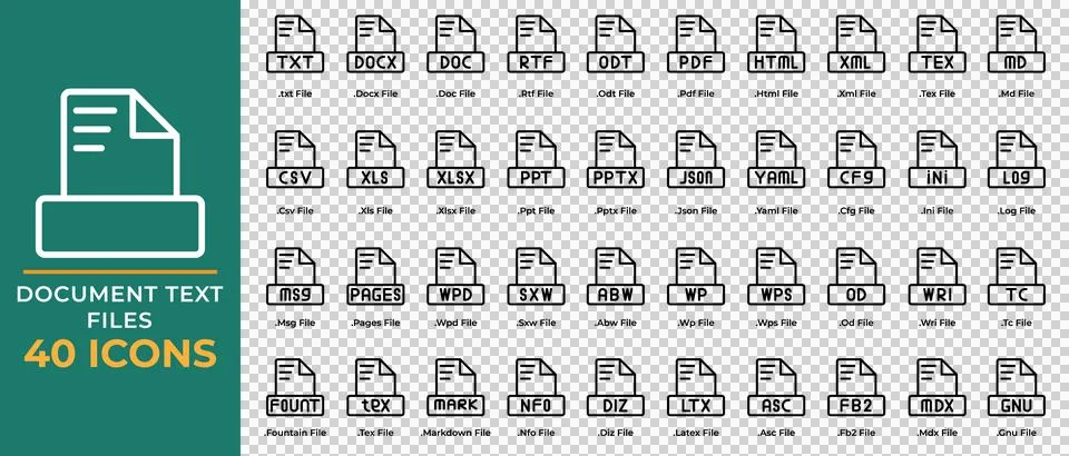 Set of document file text icons. txt, ppt, pdf, doc, csv. extension file symbol  Stock Illustration