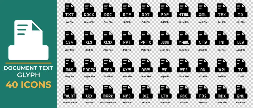 Set of document file text icons Glyph Style. pdf, csv, ppt, doc. extension file  Stock Illustration