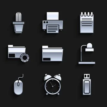 Set Document folder, Alarm clock, USB flash drive, Table lamp, Computer mouse Stock Illustration