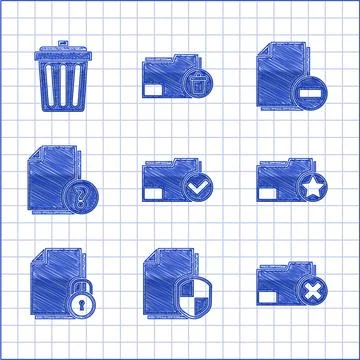 Set Document folder and check mark, protection concept, Delete, with star, lock Stock Illustration