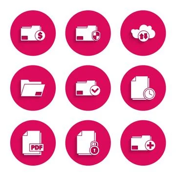 Set Document folder and check mark, lock, Add new, with clock, PDF file doc.. 스톡 일러스트