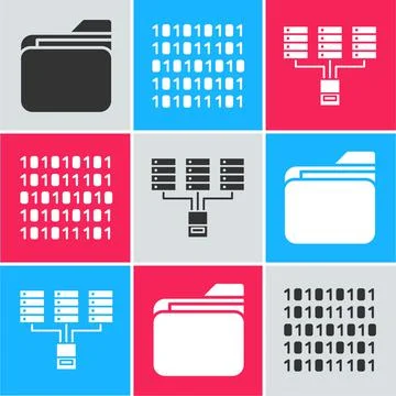 Set Document folder, Binary code and Server, Data, Web Hosting icon. Vector Stock Illustration