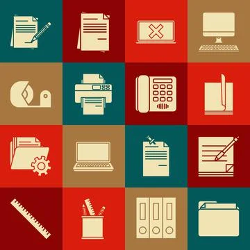 Set Document folder, Blank notebook and pen, File document, Laptop cross mark on Illustrazione stock