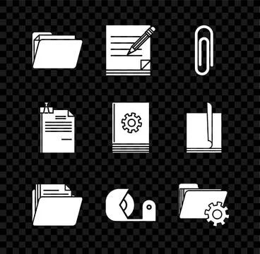 Set Document folder, Blank notebook and pencil with eraser, Paper clip, Scotch Stock Illustration