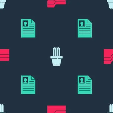 Set Document folder, Cactus and succulent in pot and Resume on seamless pattern Illustrazione stock