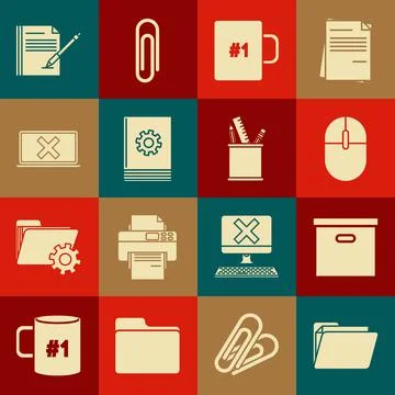 Set Document folder, Carton cardboard box, Computer mouse, Coffee cup, User Stock Illustration