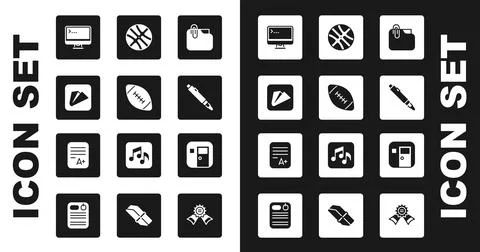 Set Document folder with clip, American football ball, Paper airplane, Computer Stock Illustration