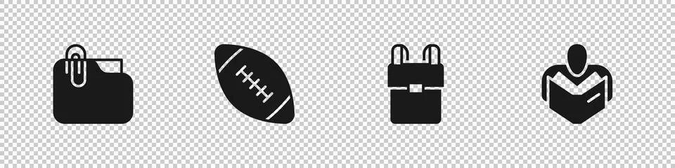 Set Document folder with clip, American football ball, School backpack and Man Stock Illustration