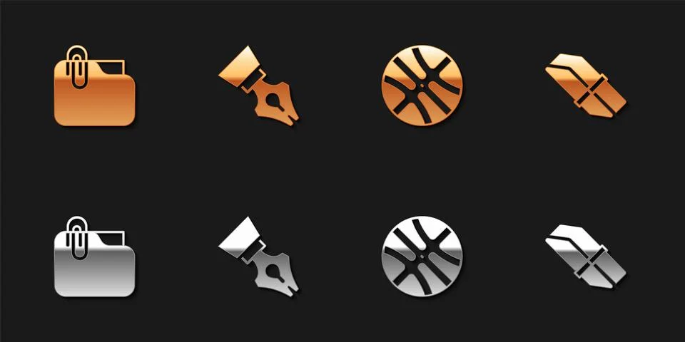 Set Document folder with clip, Fountain pen nib, Basketball ball and Eraser or Illustrazione stock