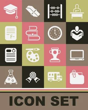 Set Document folder with clip, Laptop, Man reading book, Abacus, Book, Exam Stock Illustration