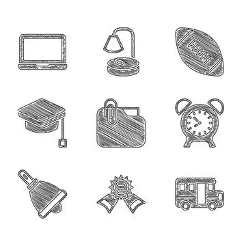 Set Document folder with clip, Medal, School Bus, Alarm clock, Ringing bell Stock Illustration