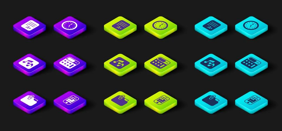 Set Document folder with clip, Smartphone, Music note, tone, Calculator, Clock Stock Illustration