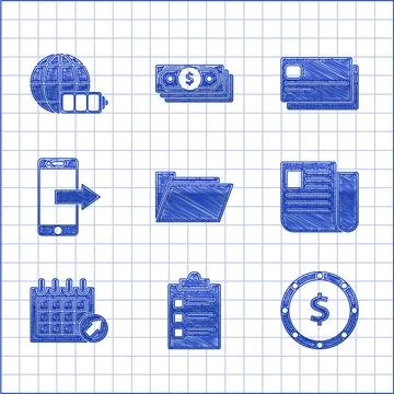 Set Document folder, Clipboard with checklist, Coin money dollar symbol, Fi.. Stock Illustration