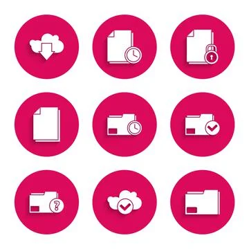 Set Document folder with clock, Cloud check mark, and, Unknown document, and Illustrazione stock