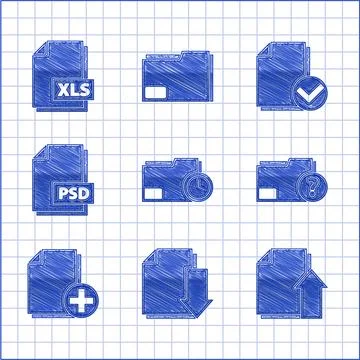 Set Document folder with clock, download, Upload file document, Unknown, Ad.. Illustrazione stock