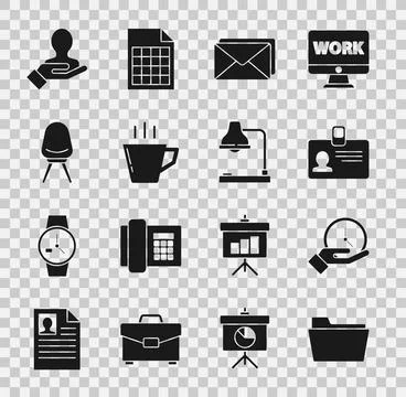 Set Document folder, Clock, Identification badge, Envelope, Coffee cup, Off.. イラスト素材
