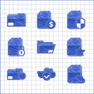 Set Document folder, Cloud with check mark, storage text document, star, clock Stock Illustration