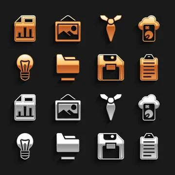 Set Document folder, Cloud database, To do list or planning, Floppy disk, Light Illustrazione stock