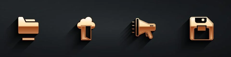 Set Document folder, Cloud database, Megaphone and Floppy disk icon with long Illustrazione stock