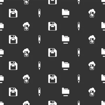 Set Document folder, Cloud database, Floppy disk and Pencil on seamless pattern Stock Illustration