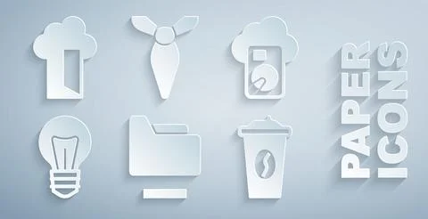 Set Document folder, Cloud database, Light bulb, Coffee cup to go, Tie and icon Stock Illustration