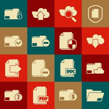 Set Document folder, Cloud storage text document, download, Search cloud Illustrazione stock
