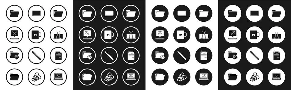 Set Document folder, Coffee cup, Computer with keyboard and x mark, Binder clip Stock Illustration