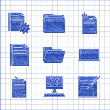 Set Document folder, Computer with keyboard and x mark, Blank notebook pen Stock Illustration
