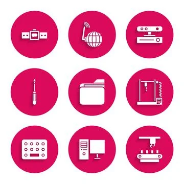 Set Document folder, Computer monitor, Factory conveyor system belt, 3D printer Stock Illustration