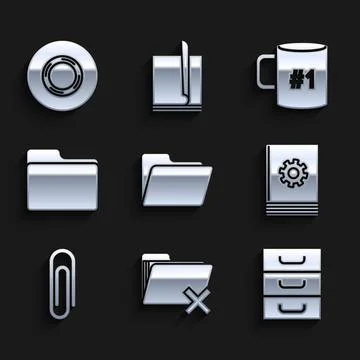 Set Document folder, Delete, Drawer with documents, User manual, Paper clip Stock Illustration
