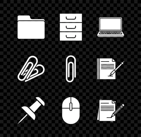 Set Document folder, Drawer with documents, Laptop, Push pin, Computer mouse, Stock Illustration