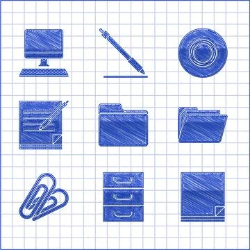 Set Document folder, Drawer with documents, File, Paper clip, Blank notebook and Stock Illustration