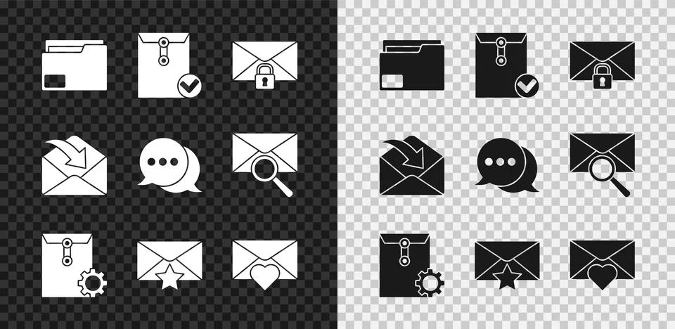 Set Document folder, Envelope and check mark, Mail message lock password Illustrazione stock
