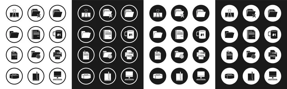 Set Document folder, File document, Binder clip, Coffee cup flat, Delete 스톡 일러스트