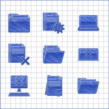 Set Document folder, File document, Laptop and cross mark on screen, Computer Stock Illustration