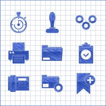 Set Document folder, Folder settings with gears, Bookmark, Completed task, .. Illustrazione stock