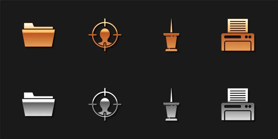 Set Document folder, Head hunting concept, Push pin and Printer icon. Vector Illustrazione stock