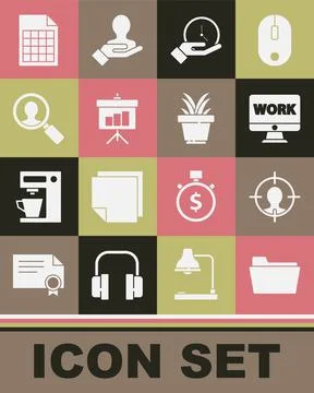 Set Document folder, Head hunting concept, Monitor with text work, Clock Illustrazione stock