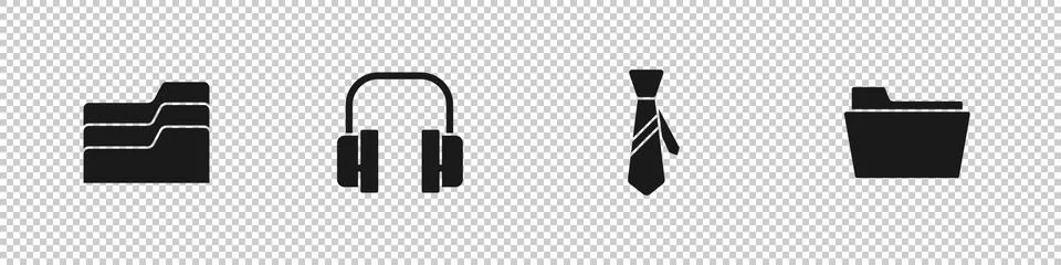 Set Document folder, Headphones, Tie and icon. Vector Stock Illustration