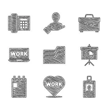 Set Document folder, Heart with text work, Identification badge, Chalkboard.. Illustrazione stock