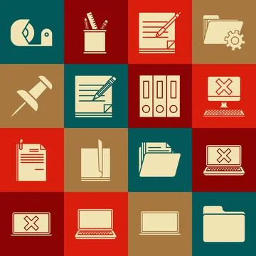 Set Document folder, Laptop and cross mark on screen, Computer with keyboar.. Stock Illustration