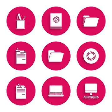 Set Document folder, Laptop, Computer monitor with keyboard, Scotch, Note paper Stock Illustration