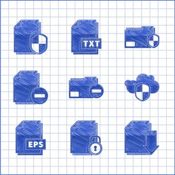 Set Document folder with minus, and lock, download, Cloud shield, EPS file Stock Illustration