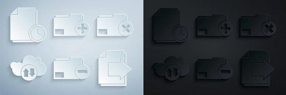 Set Document folder with minus, Delete, Cloud download and upload, Next page Stock Illustration