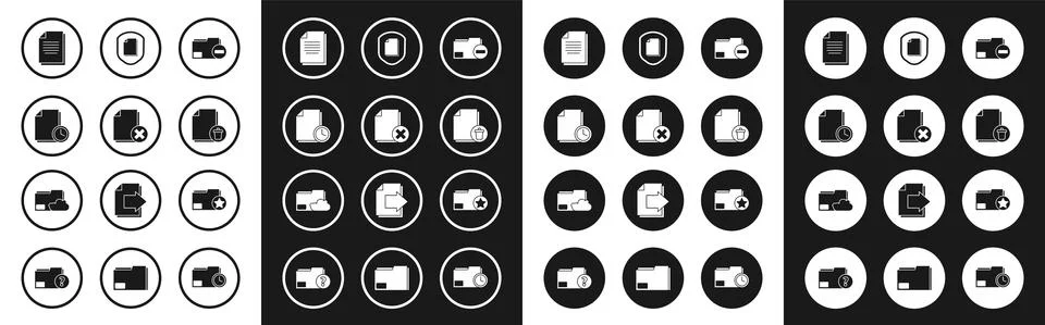Set Document folder with minus, Delete file document, clock, protection concept Illustrazione stock