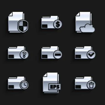 Set Document folder with minus, EPS file document, Delete, and check mark, clock Illustrazione stock